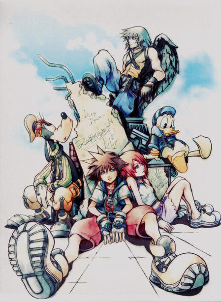 Start Description. An illustration of the main characters of Kingdom Hearts 1. In the middle of the image is Sora, who sits on the ground with his legs stretched out, laying his back on a piece of debris. On his left is Goofy who sits on a brick next to th
