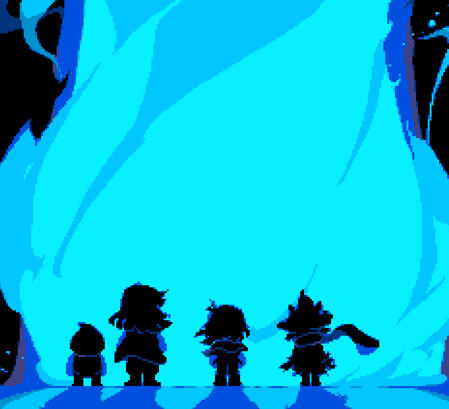 Start description. An image of from right to left, the black silhouettes of Lancer, Susie, Kris and Ralsei from Deltarune who all stand in a line facing the back, they are illuminated by the bright blue light emitting from the giant dark fountain in front
