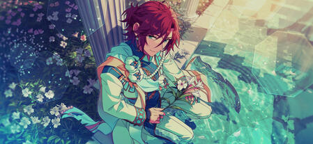 Start description. An illustration of Madara Mikejima from Ensemble Stars, He looks at the viewer while seated at the edge of pool next to bushes of white flowers, half of his legs are submerged in the water and he is holding a branch of white flowers. End