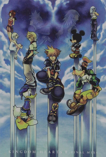 Start description. An illustration of Kingdom Hearts 2 depicting 8 characters on white pillars. On the far right, Kairi stands on a pillar with Namine who sits facing the right while Kairi faces left. Next to them is Roxas who stands facing the left. Benea