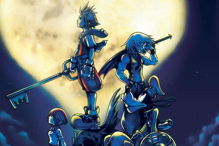 Start description. A cropped image of an illustration of Kingdom Hearts 1 at night. included in this cropped image is Sora facing the left, keyblade in hand. Beneath him is Kairi. on Sora's left is Riku who holds his weapon, soul eater over his shoulder. B