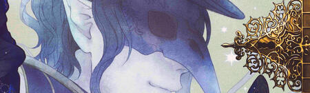 Start description. A cropped image of the character Dire Crowley from Twisted Wonderland showing half of the side of his face, focusing on his crow shaped mask. End description.